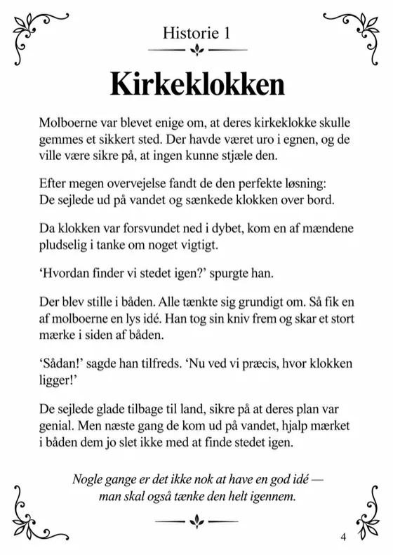 Tekstsiden med historien Kirkeklokken og den kursiverede morale nederst