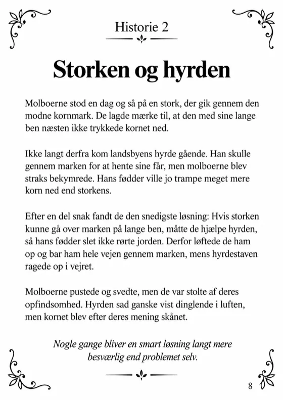 Tekstsiden med historien Storken og hyrden og den kursiverede morale nederst