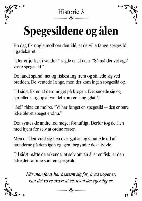 Tekstsiden med historien Spegesildene og ålen og den kursiverede morale nederst