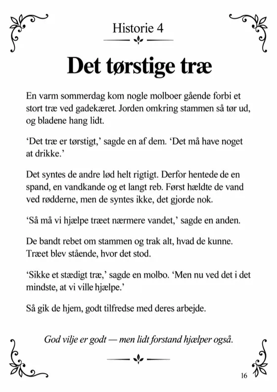 Tekstsiden med historien Det tørstige træ og den kursiverede morale nederst