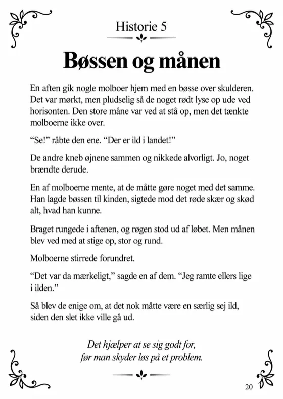 Tekstsiden med historien Bøssen og månen og den kursiverede morale nederst