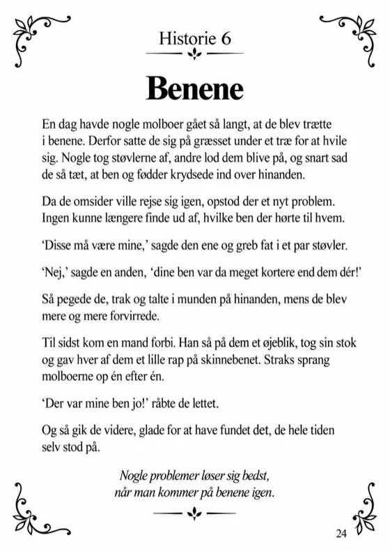 Tekstsiden med historien Benene og den kursiverede morale nederst