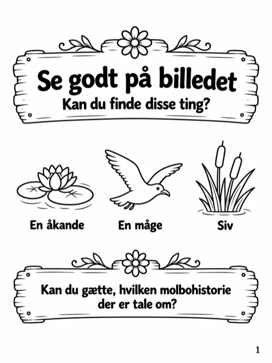 Opgavesiden til historie 1: se godt på billedet og find tre ting