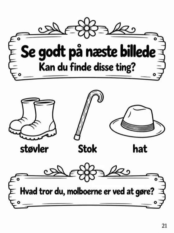 Opgavesiden til historie 6: se godt på billedet og find tre ting