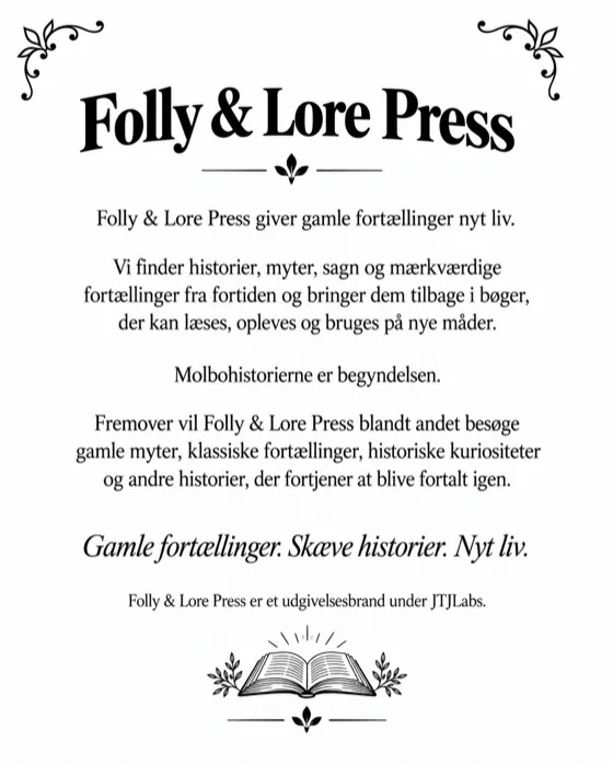 Forlagssiden for Folly & Lore Press med den åbne bog og laurbærgrene